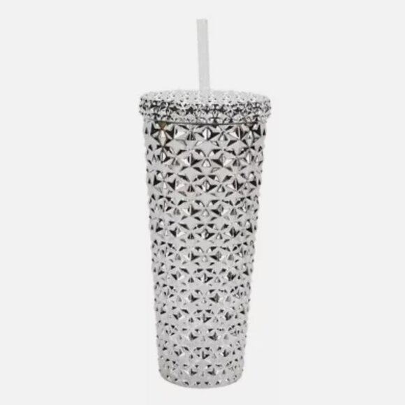 26 oz Plastic Double Wall Insulated Textured Tumbler with Straw, Silver Metallic - Picture 1 of 2